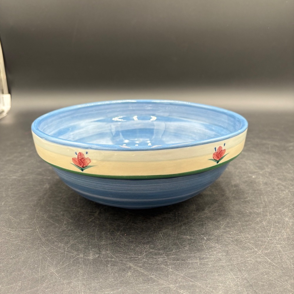 Gail Pittman Hand Painted Ceramic Bowl Blue Floral 1992 Vintage Pottery 9.25"